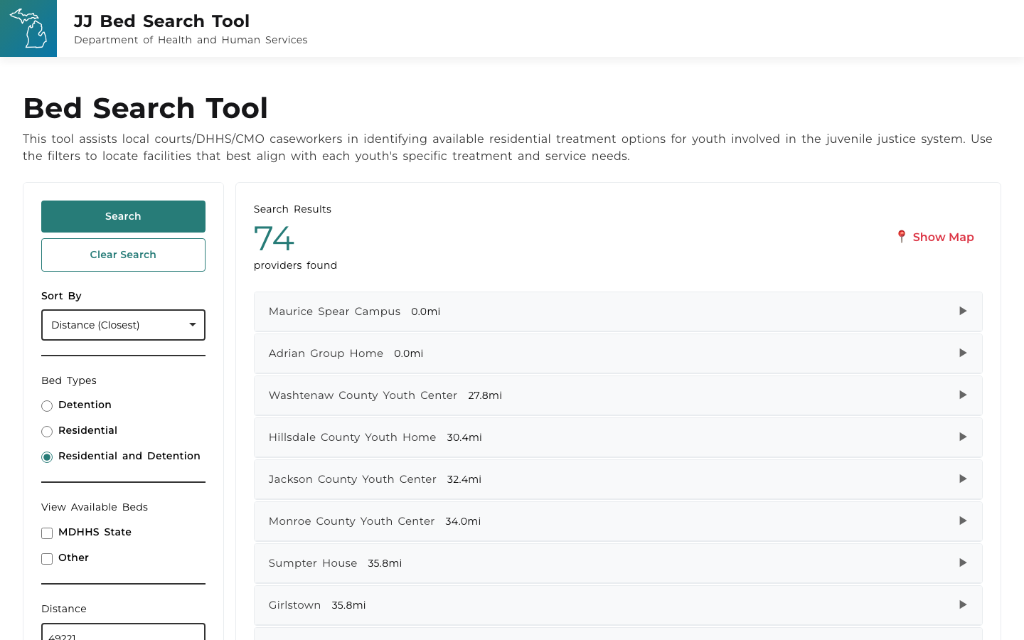 JJ Bed Search Tool — searchable list of juvenile justice residential providers with filters