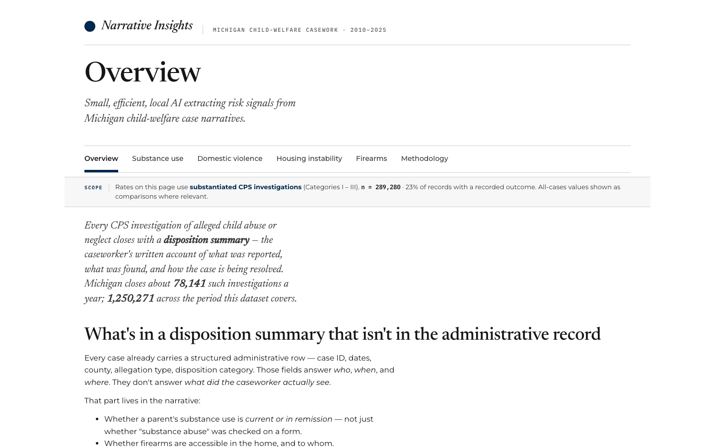 Narrative Insights — local AI extracting risk signals from Michigan child-welfare case narratives